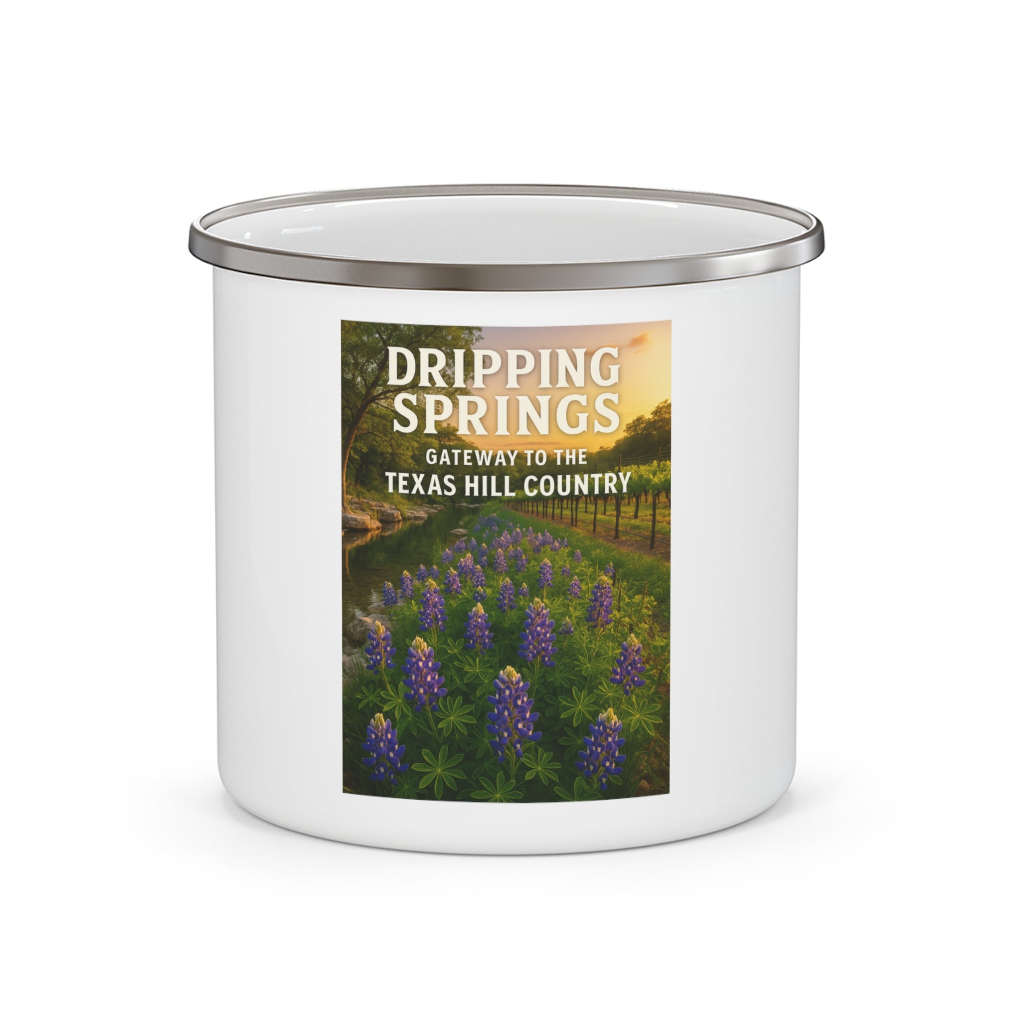 Vineyards Dripping Springs Enamel Camping Mug — Texas Hill Country Scenic Campfire Cup