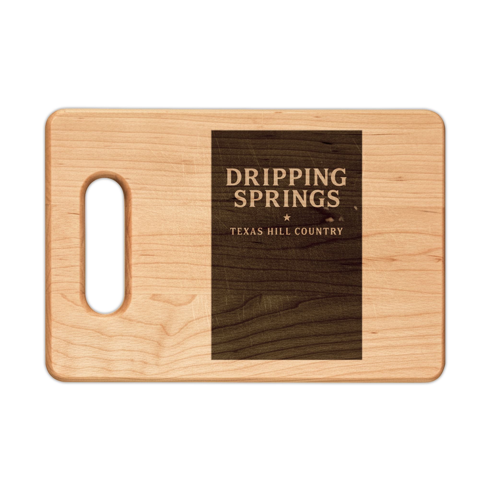 Engraved Wooden Cutting Board - Dripping Springs Texas Hill Country Logo