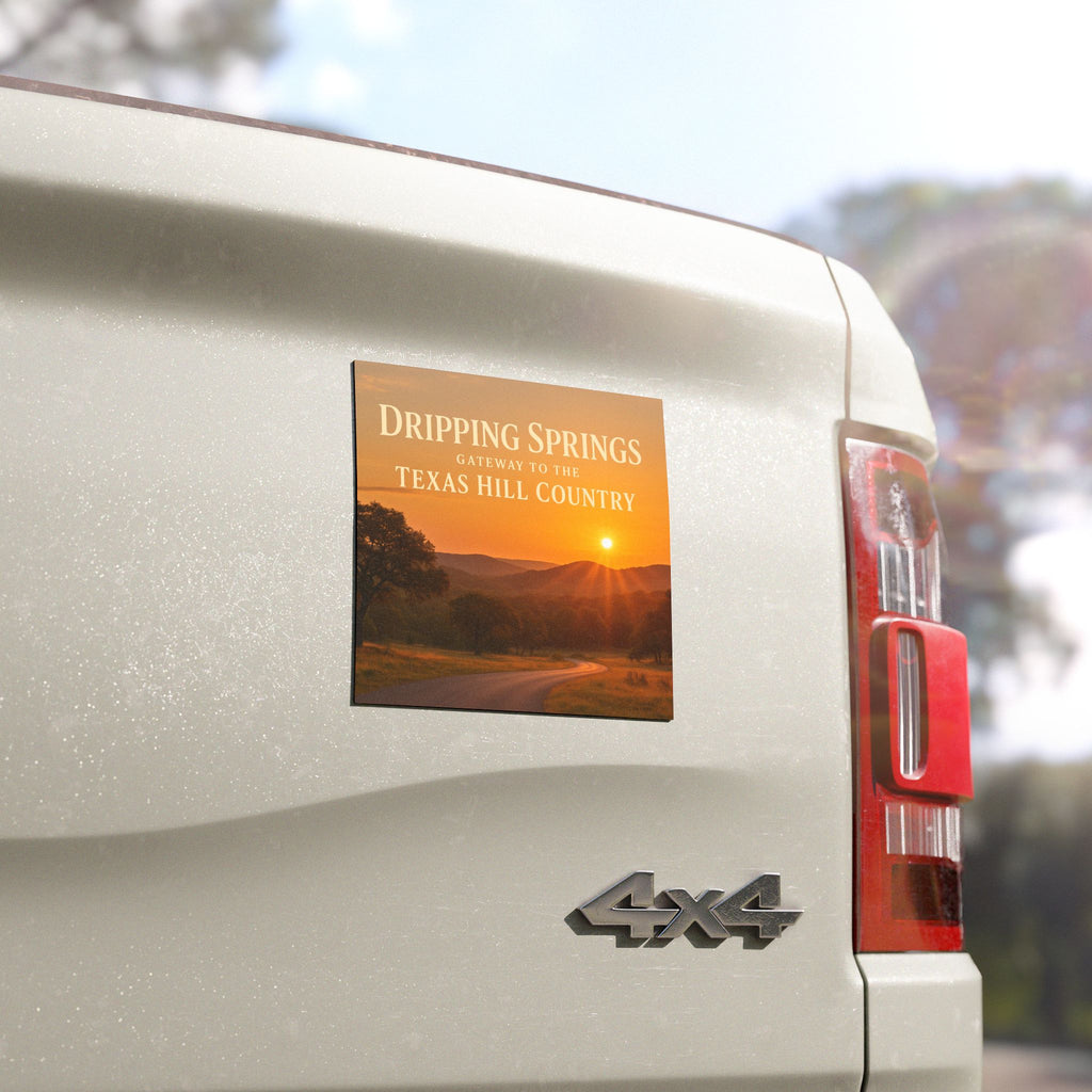 Dripping Springs Texas Hill Country Car Magnet — Scenic Souvenir Magnet with Bluebonnets