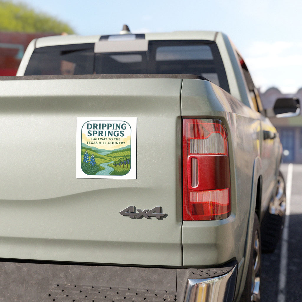 Dripping Springs Texas Hill Country Car Magnet — Scenic Souvenir Magnet with Bluebonnets