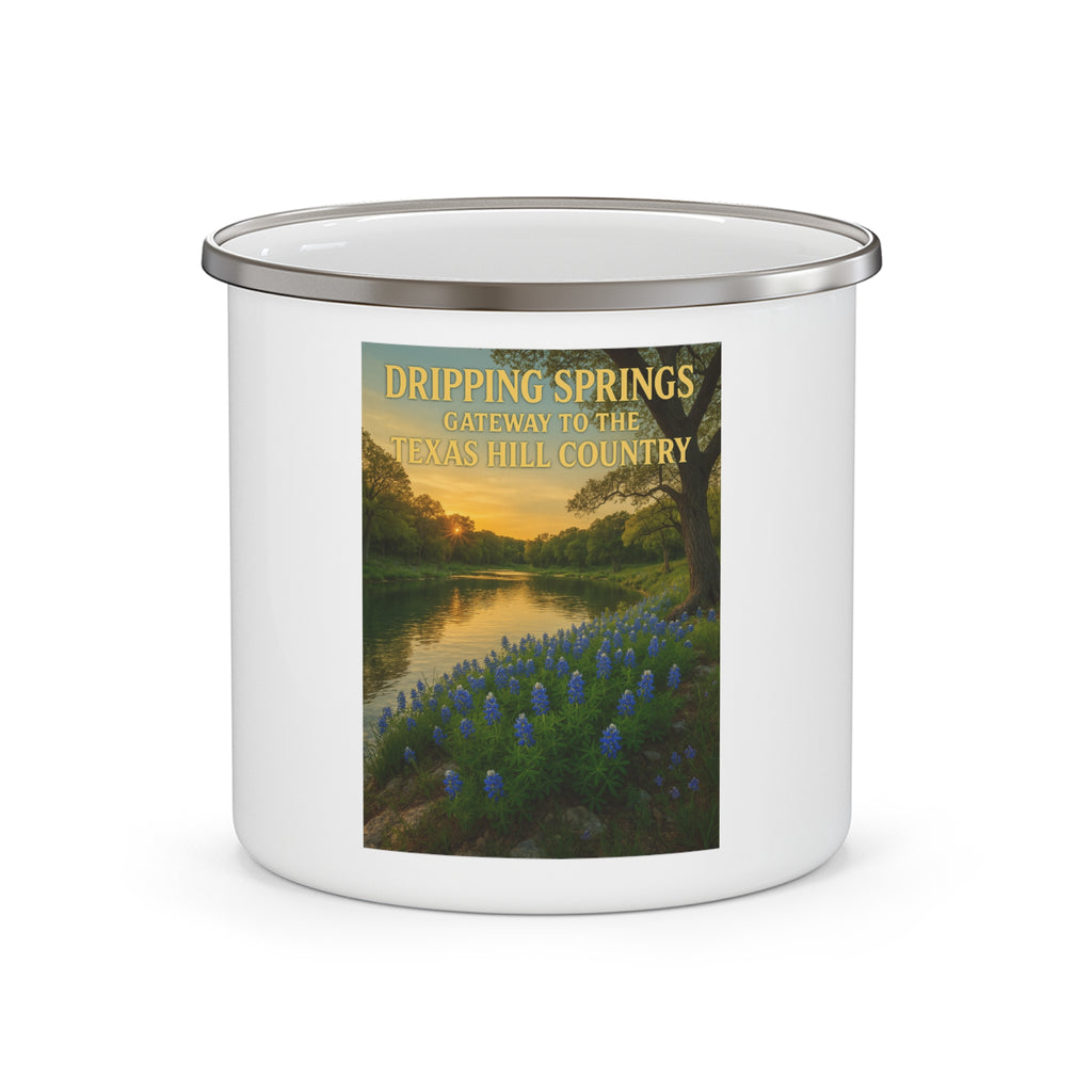 Hill Country Rivers Enamel Camping Mug — Texas Hill Country Scenic Campfire Cup