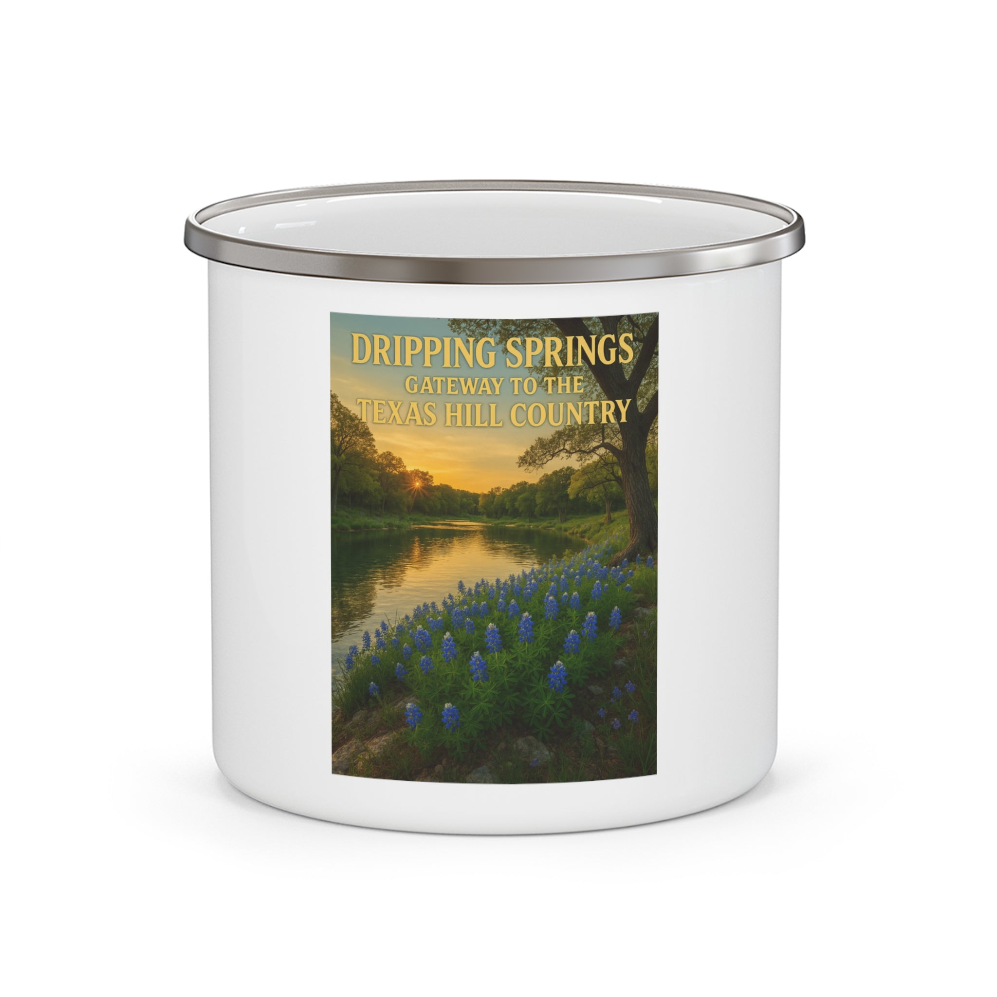Hill Country Rivers Enamel Camping Mug — Texas Hill Country Scenic Campfire Cup