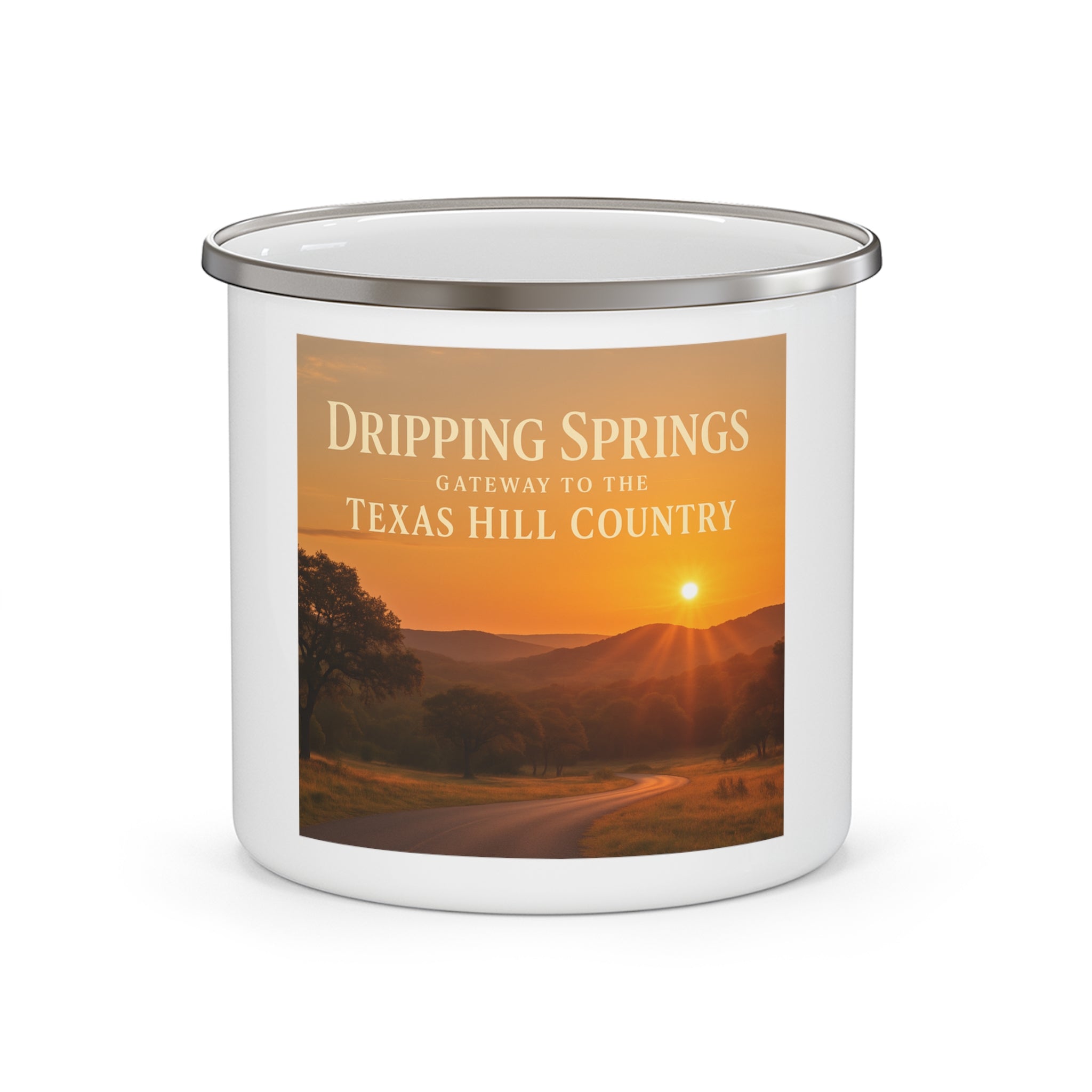 Hill Country Sunset  Enamel Camping Mug — Texas Hill Country Scenic Sunset