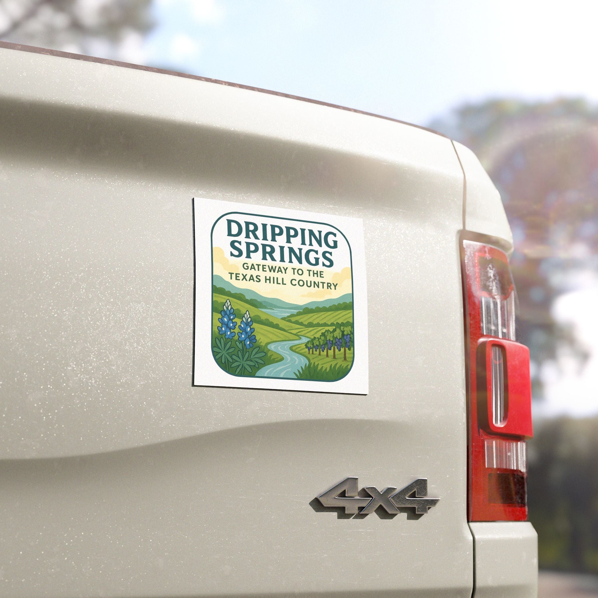 Dripping Springs Texas Hill Country Car Magnet — Scenic Souvenir Magnet with Bluebonnets