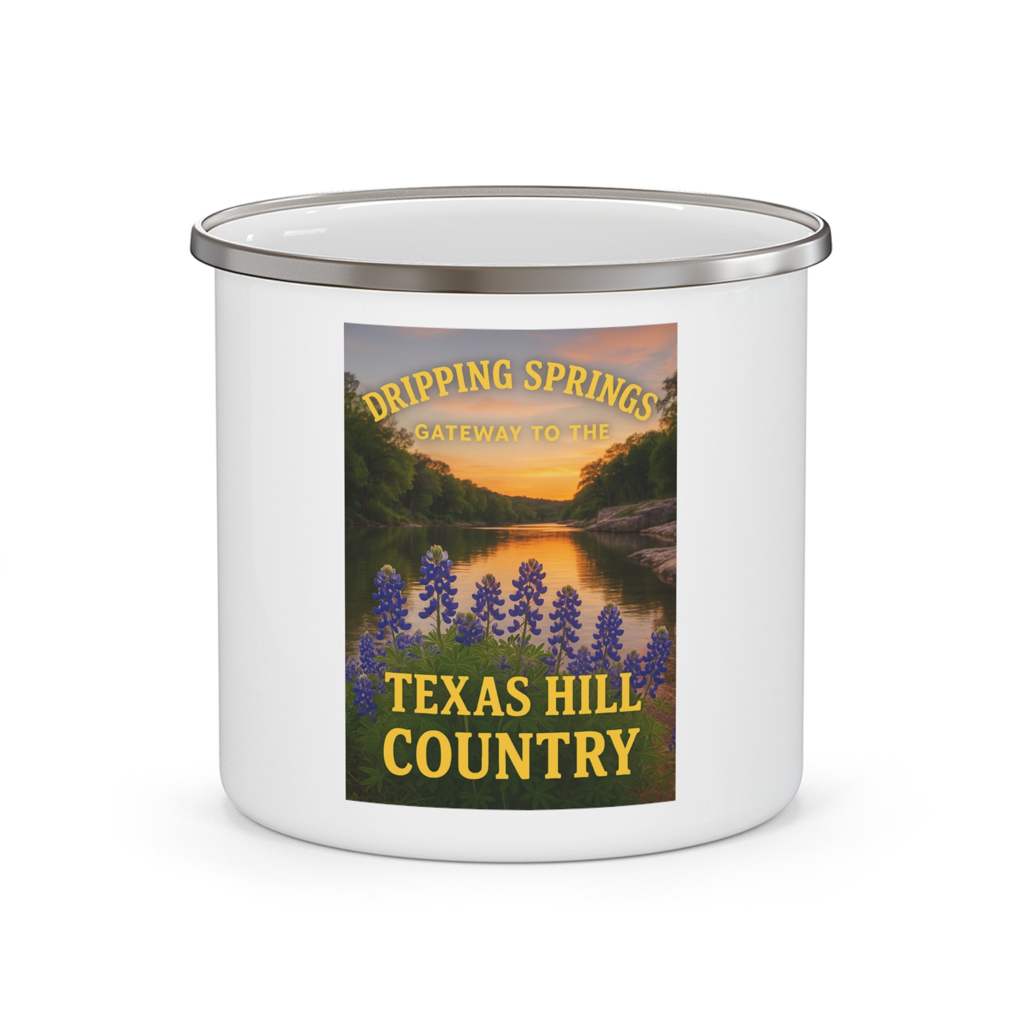 Hill Country Rivers Enamel Camping Mug — Texas Hill Country Scenic Campfire Cup