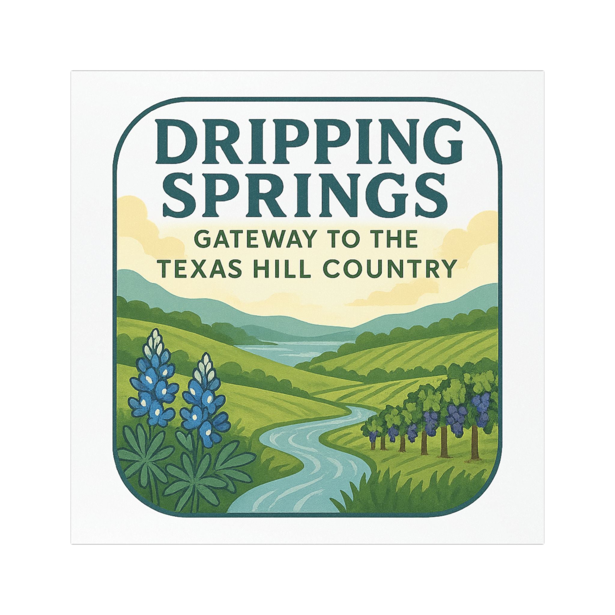 Dripping Springs Texas Hill Country Car Magnet — Scenic Souvenir Magnet with Bluebonnets