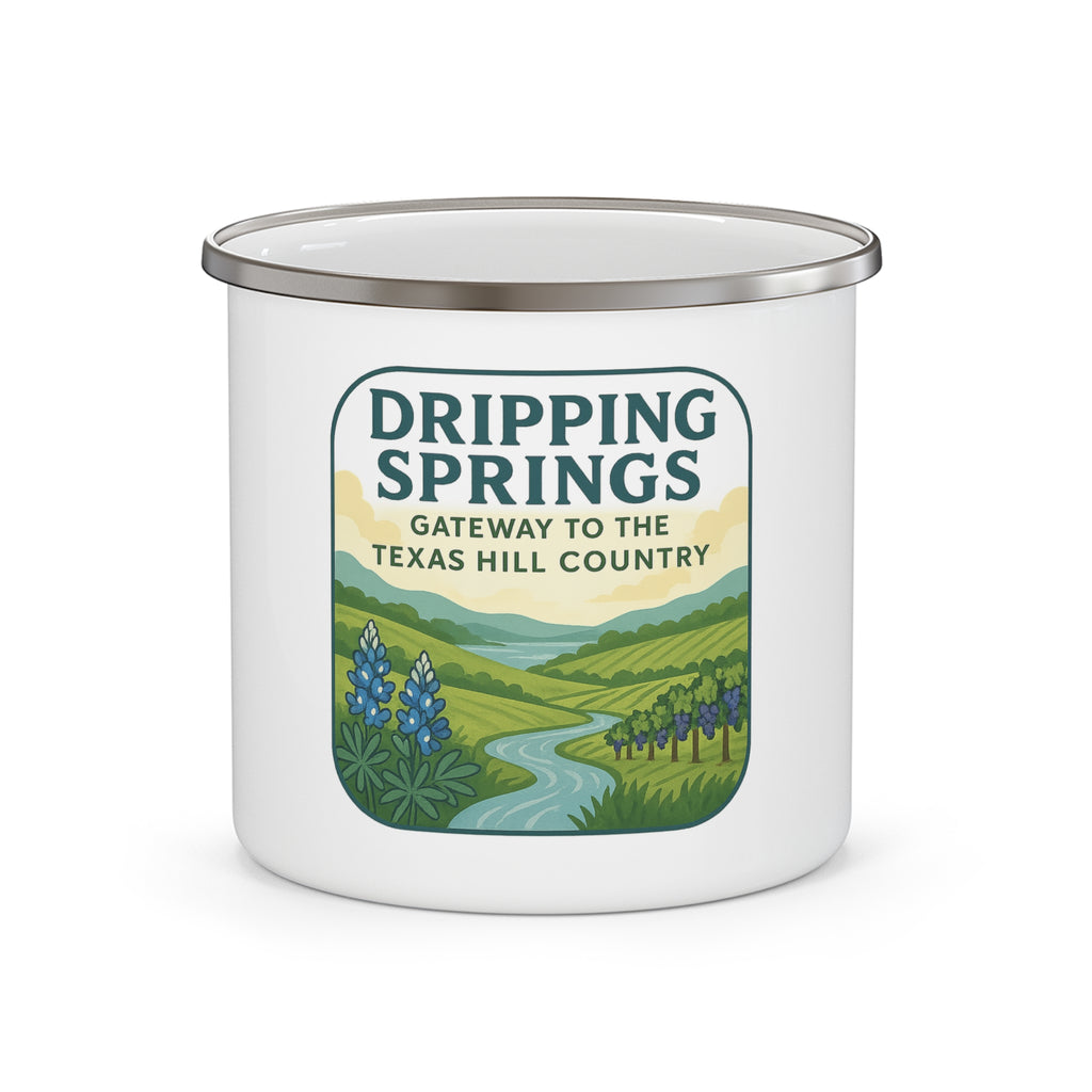 Dripping Springs Enamel Camping Mug — Texas Hill Country Scenic Campfire Cup