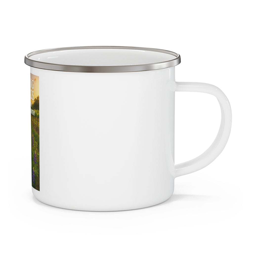 Vineyards Dripping Springs Enamel Camping Mug — Texas Hill Country Scenic Campfire Cup